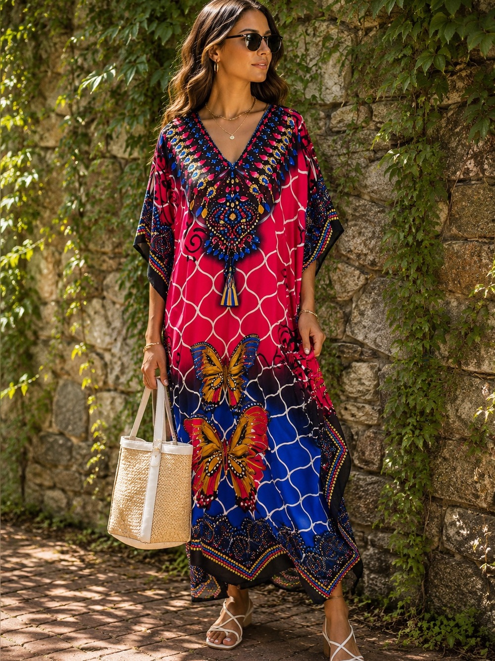TRUE ROCK Red and Blue Maxi Length Boho Mrs. Roeper Caftan, One Size